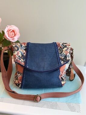 Sakroots Navy and Rust Floral Crossbody with Tassel